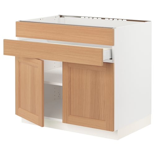 SEKTION kitchen cabinet in white & oak wood. Natural, warm design with 2 wooden doors and 1 open drawer.