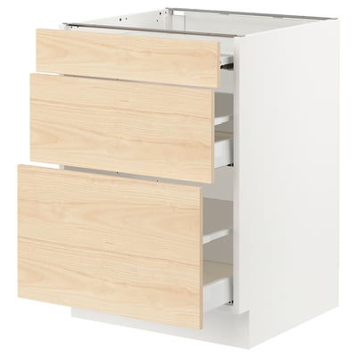 White ikea SEKTION kitchen cabinet with ash drawers and open compartments.