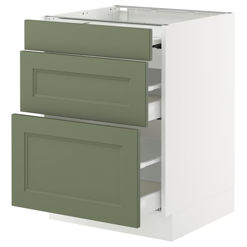 SEKTION kitchen unit with 3 grey-green drawers, sleek design, sturdy white base.