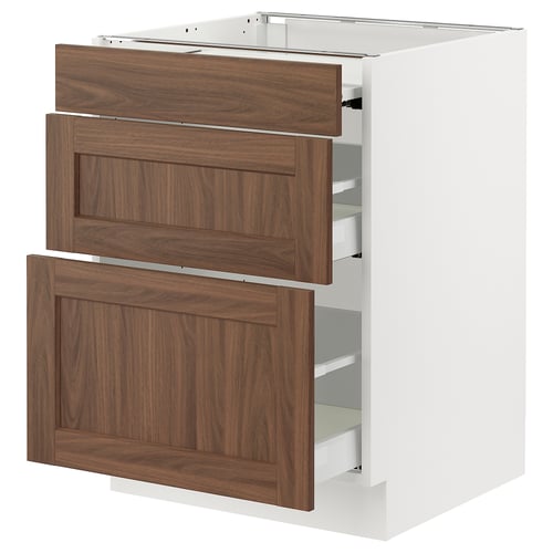 SEKTION kitchen unit with walnut wood drawers and white frame, sleek design with 3 full-extension drawers.