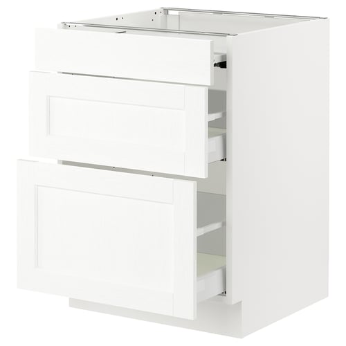 White kitchen cabinet with three drawers, modern design, sturdy wood construction.