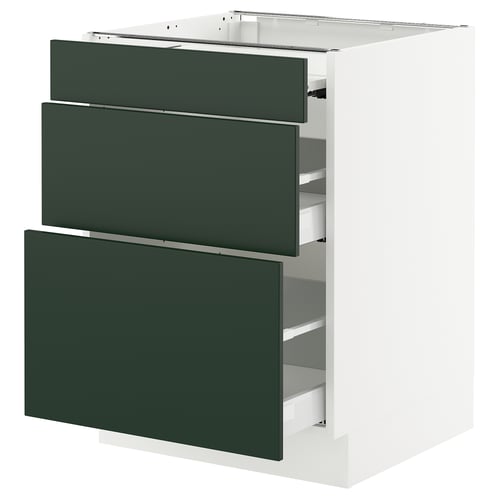 A SEKTION kitchen cabinet with 3 dark green drawers and a white base, featuring a sleek and modern design.