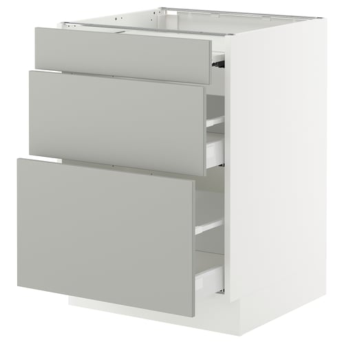 Modern white cabinet with grey drawers, sleek minimalist design.