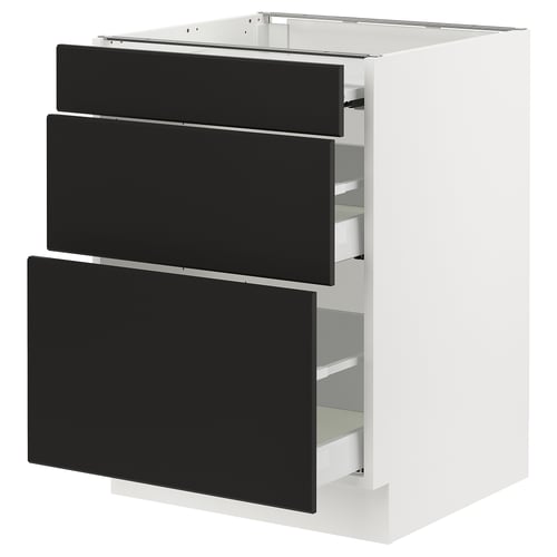 Modern black drawers in white cabinet, sleek design.