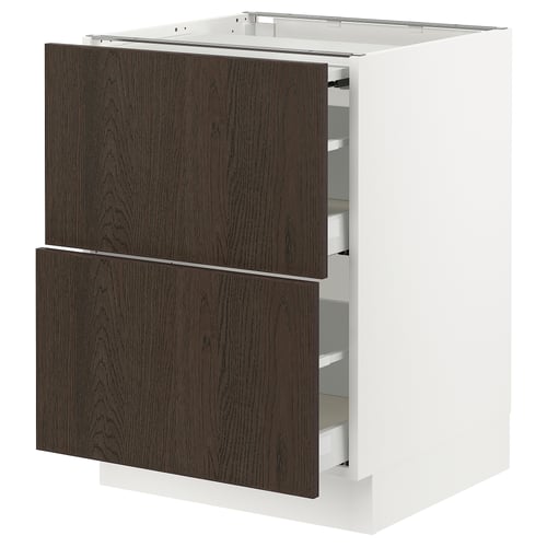 SEKTION kitchen cabinet in dark brown sinarp wood with white frame and 3 drawers, modern design.