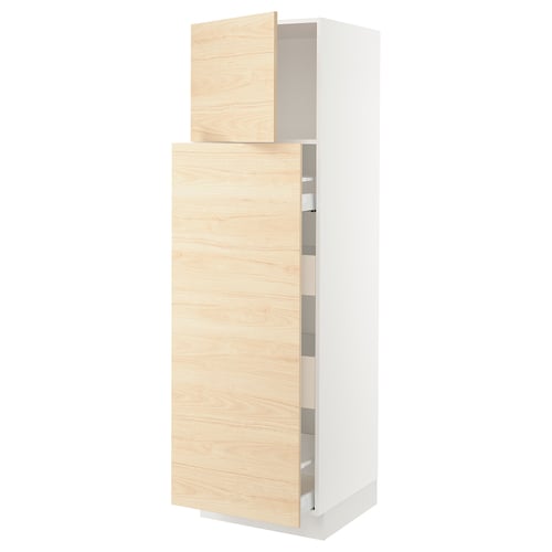 A white SEKTION kitchen cabinet with light ash wood doors, featuring adjustable shelves and a modern design.