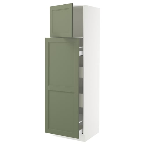 SEKTION kitchen cabinet, grey-green, two doors, adjustable shelves, tall, modern.