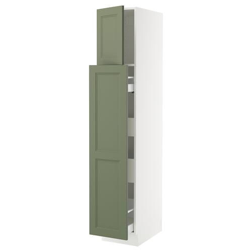 SEKTION kitchen cabinet in green, tall, two doors, white frame.