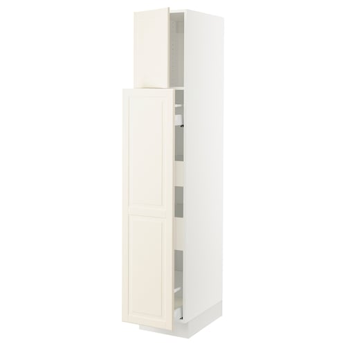 An off-white, tall kitchen cabinet from IKEAs SEKTION system with adjustable shelves and a classic design.