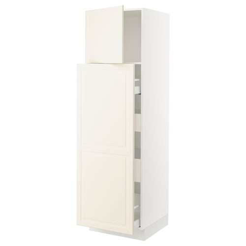 Off-white kitchen cabinet, part of the SEKTION system, with double doors, adjustable shelves. Simple, bevelled design.