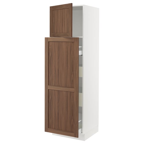 Ikea SEKTION white cabinet with walnut-brown door, tall, adjustable shelves.