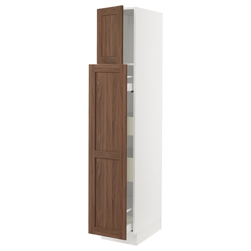 A SEKTION tall white kitchen cabinet with walnut panels. It has a sleek, vertical design featuring two adjustable shelves and two opened wooden doors.