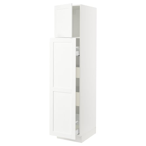 A white, tall kitchen cabinet from IKEAs SEKTION system with adjustable shelves and a door that can open either way.