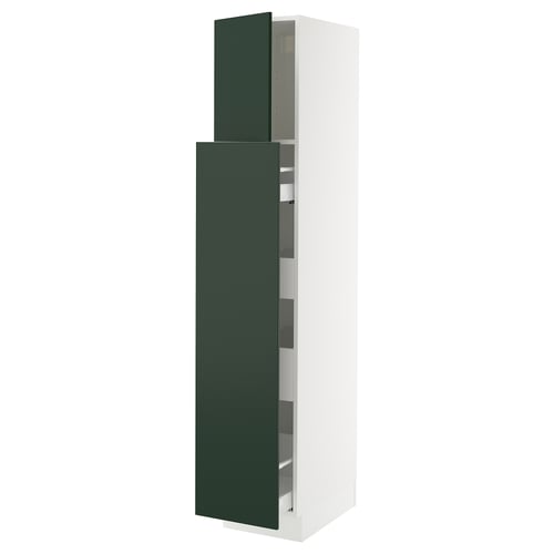 Ikea SEKTION kitchen cabinet, white and dark green, tall, rectangular with shelves.