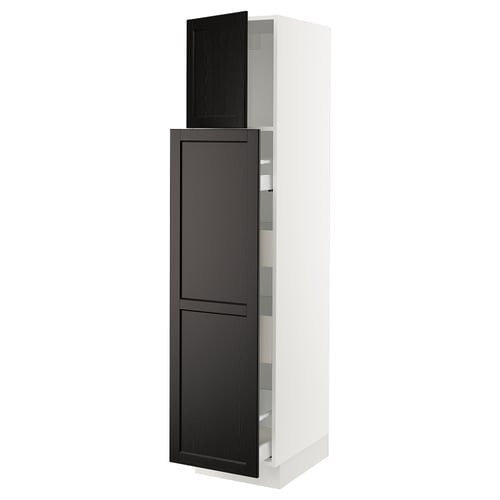 SEKTION kitchen unit: tall, white cabinet with black stained wood doors, adjustable shelves, bevelled edges.