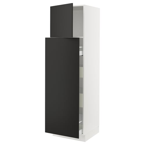Modern black and white kitchen cabinet, slim design, adjustable shelves.