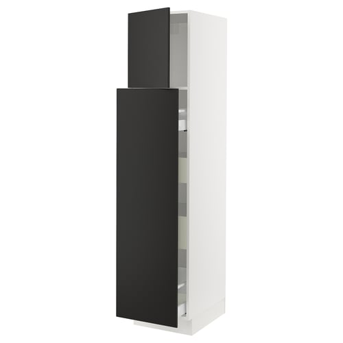 Depicts a SEKTION kitchen cabinet with black matte doors, tall and rectangular, featuring a modern design.