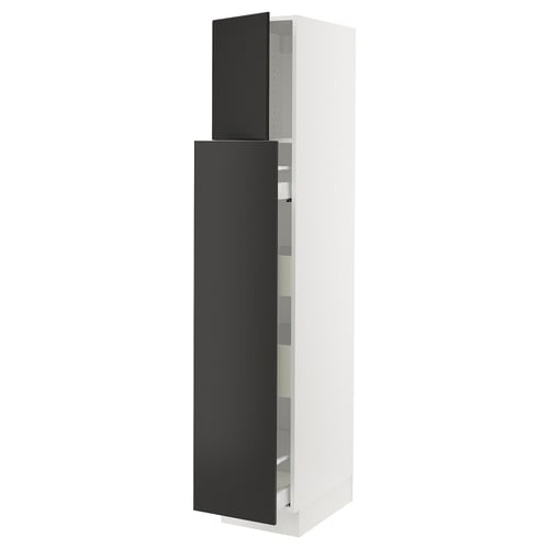 This image shows a white SEKTION kitchen cabinet with black doors and adjustable shelves.