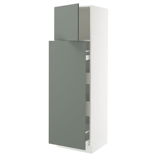A modern, tall kitchen cabinet with greenish-gray doors and a white frame. It has adjustable inner shelves, and the design sleek, clean lines.