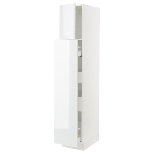 White SEKTION kitchen cabinet with high gloss, adjustable shelves, and soft-close hinges.