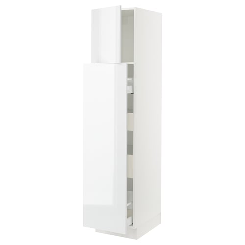 Modern white high gloss kitchen cabinet with sleek design and adjustable shelves.