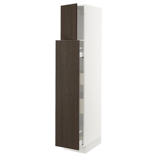 Ikea SEKTION kitchen cabinet, white and dark brown wood, tall with open door.