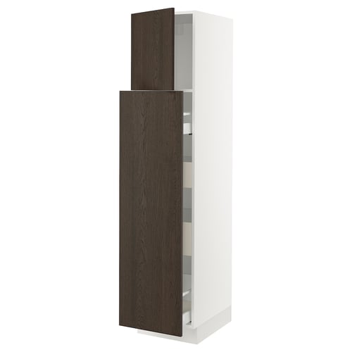 Modern kitchen cabinet in white with dark brown wooden doors. Adjustable shelves and soft-close hinges.