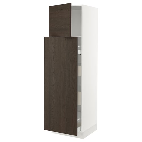 A white and dark brown kitchen cabinet with adjustable shelves and a drawer.
