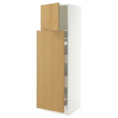 An ikea SEKTION kitchen cabinet in white with oak veneer doors, featuring adjustable shelves and a 25-year guarantee.