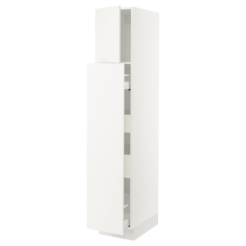 A white SEKTION kitchen cabinet with two doors and multiple shelves. It has a sleek, modern design with clean lines.
