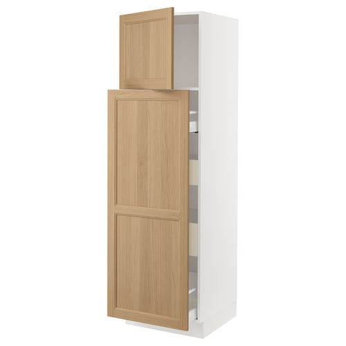 SEKTION white & oak kitchen cabinet with adjustable shelves and pull-out drawers.