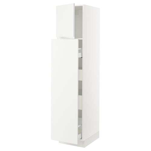 White vertical cabinet; modern minimalist design; matte finish; sleek doors, adjustable shelves.