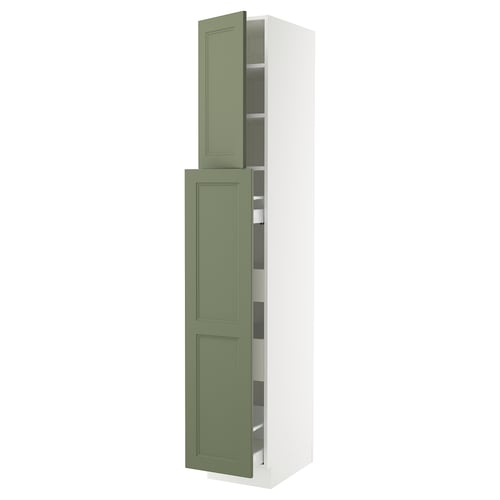 SEKTION kitchen cabinet in grey-green with adjustable shelves and soft-closing drawers.