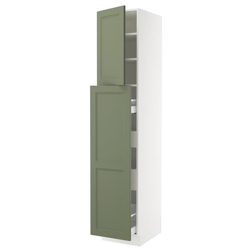 A tall, white kitchen cabinet with green doors featuring adjustable shelves.