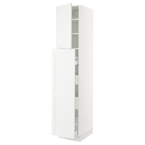 A white tall kitchen cabinet from IKEAs SEKTION system with open doors revealing shelves inside.