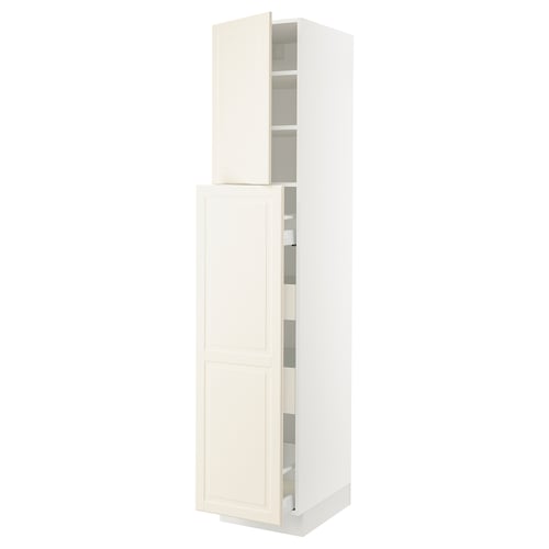 An off-white SEKTION kitchen cabinet with adjustable shelves and soft-closing drawers. It has a sleek design with bevelled edges.