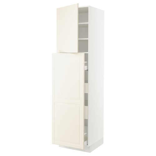This image shows a white SEKTION tall kitchen cabinet with two open doors revealing shelves and adjustable storage.