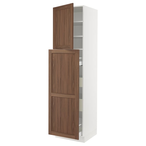 SEKTION cabinet with walnut-colored doors, white frame, adjustable shelves, soft-close hinges.