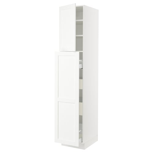 Modern white kitchen cabinet with open doors, adjustable shelves, and sleek design.