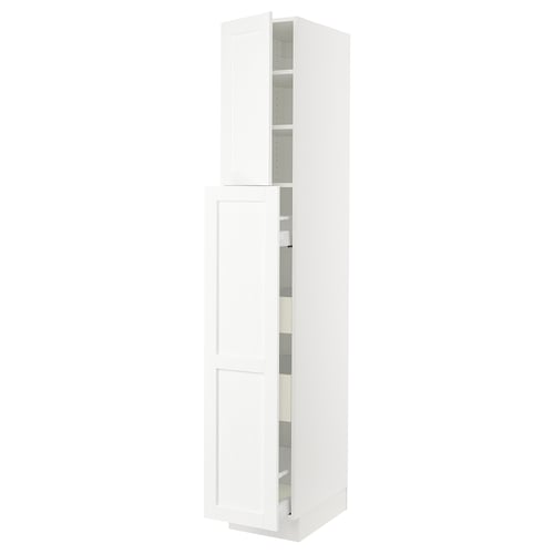 White kitchen cabinet with doors and shelves.