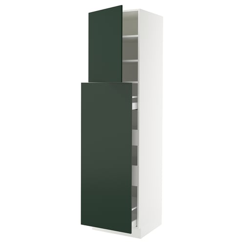 New SEKTION kitchen cabinet in deep green with white frame. Tall, rectangular, dual-door design. Top door open, adjustable shelves inside.