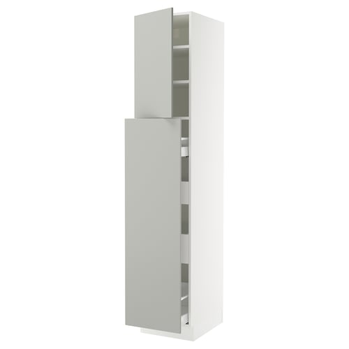 SEKTION kitchen cabinet in light grey with adjustable shelves and soft-closing hinges.