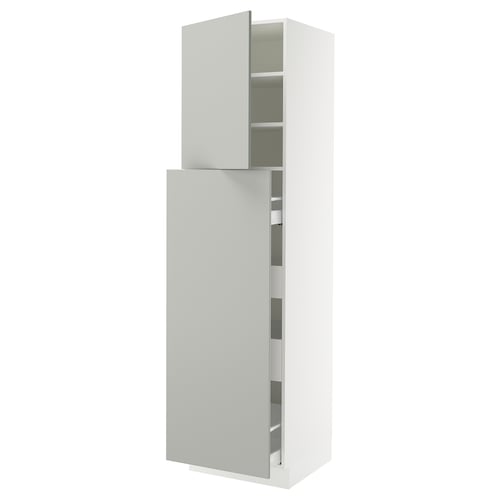 Ikea SEKTION white cabinet with light grey doors and shelves, sleek and modern.