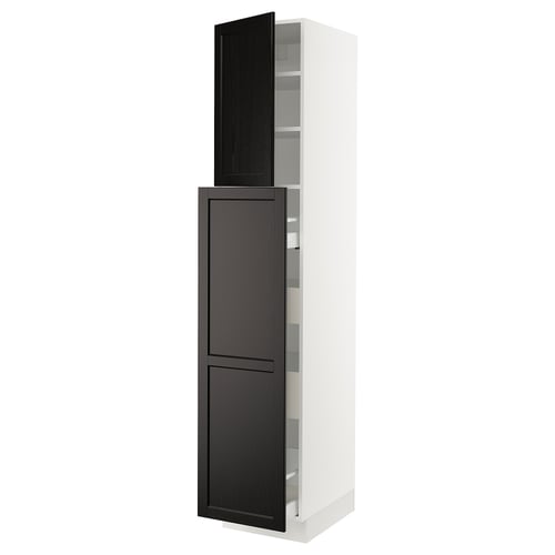 SEKTION kitchen cabinet, white with dark stained door, tall, rectangular, two-tone design.
