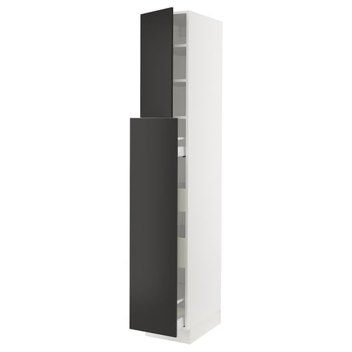 Modern black & white storage cabinet, two doors, one open, three shelves.