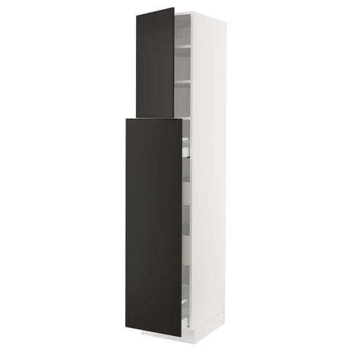 SEKTION kitchen cabinet in black and white with adjustable shelves and soft-closing doors.