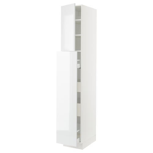 White high gloss kitchen cabinet, single door, adjustable shelves.