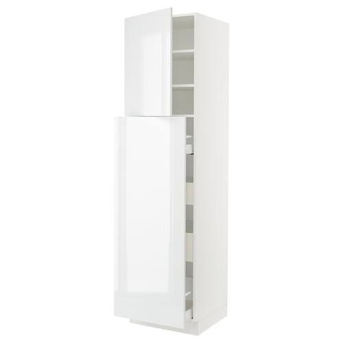 This image shows a white SEKTION kitchen cabinet with high gloss, featuring multiple shelves and adjustable drawers.