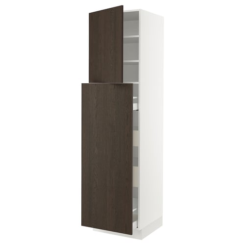 Ikea SEKTION white kitchen cabinet with dark brown wood door, two adjustable shelves.
