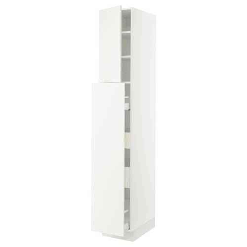 A tall white cabinet with a sleek design and adjustable shelves. Part of the SEKTION kitchen system, featuring a smooth door and a sturdy frame.
